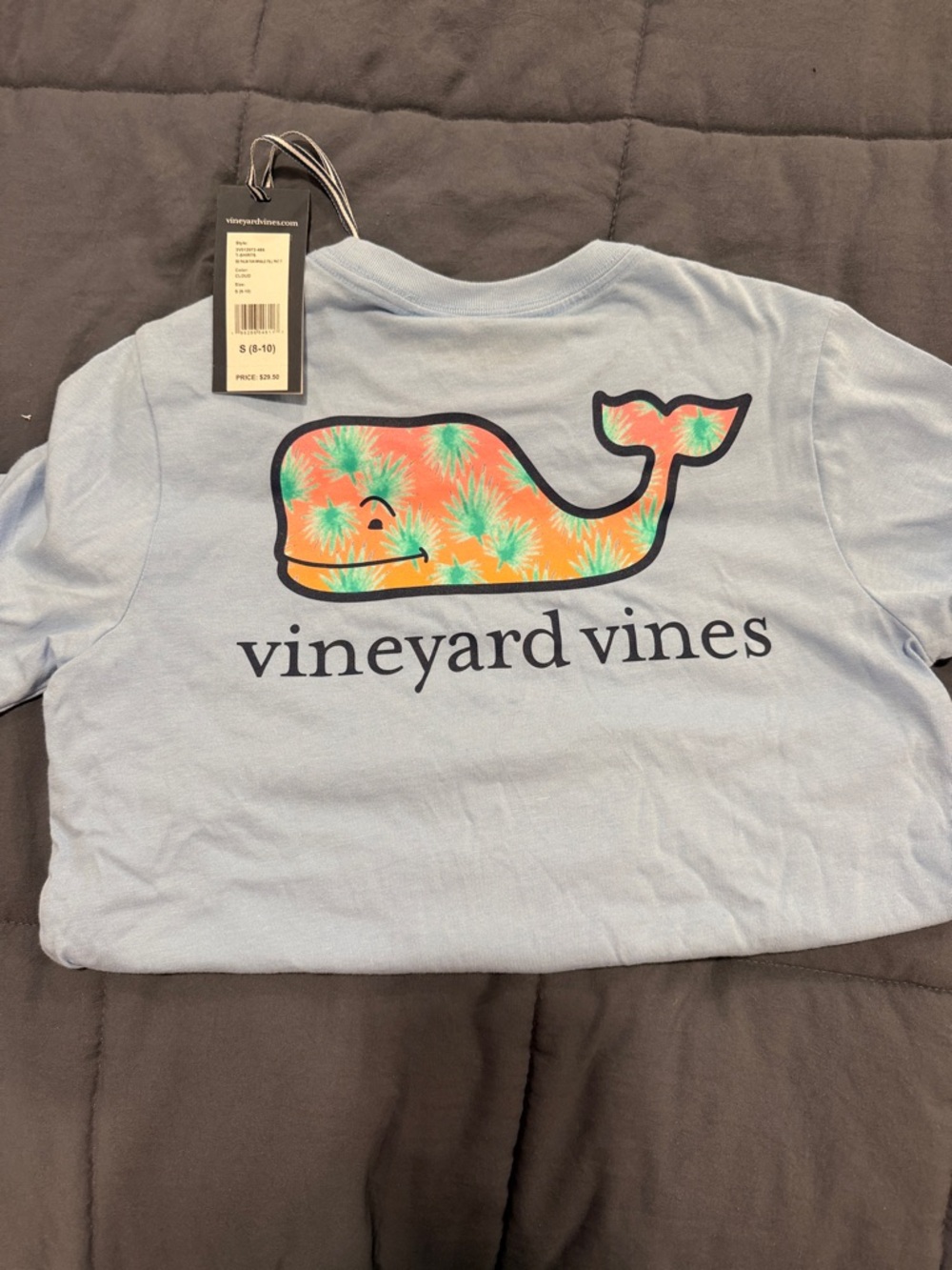 Vineyard Vines Light Blue Tee with Orange & Green Tie-Dye Whale